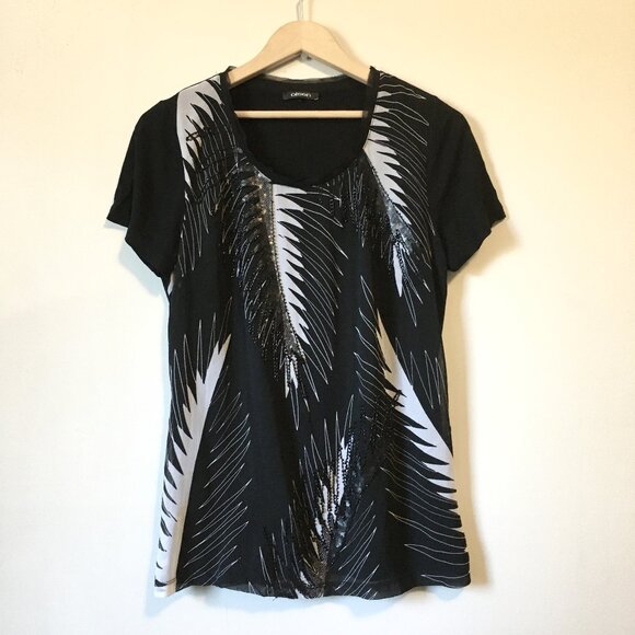 Olsen Europe Beadwork and Sequin Feather Print Black Tee - Picture 1 of 16